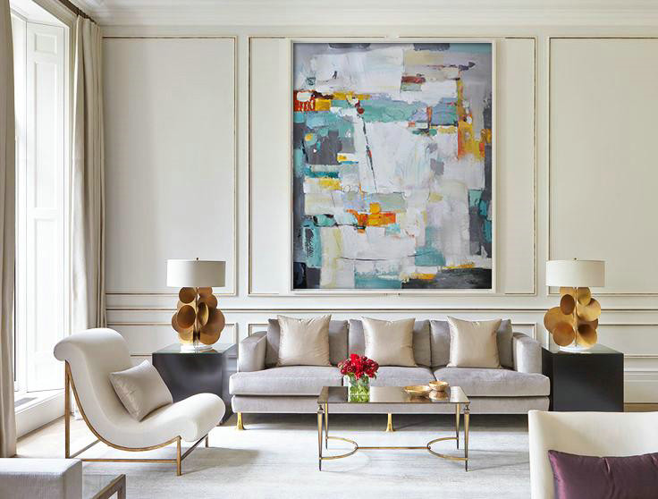 Oversized Canvas Art On Canvas,Vertical Palette Knife Contemporary Art,Original Art Acrylic Painting,Grey,Yellow,Purple,Grass Green,White.etc